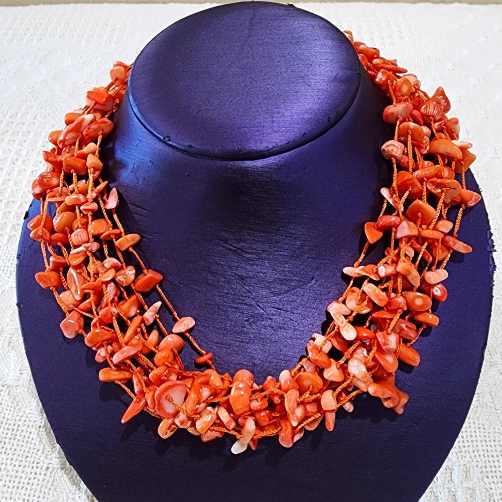 Artisan Mid-Century MCM Orange Coral Abalone Shell 10-Strand Statement Necklace